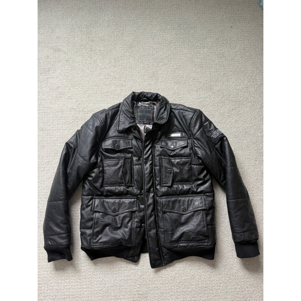 Coogi‎ Jacket Mens Large Black Faux Leather Quilted Multi Pocket Bomber